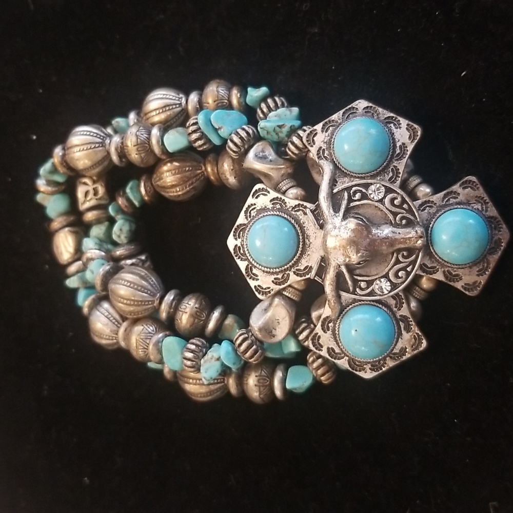 TURQUOISE NAVAJO Longhorn Bull Silver Bracelet - Picture 5 of 6